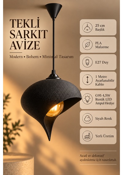 Beton Görünümlü Tekli Sarkıt Avize Asimetrik Damla Modern Bohem E27 G95 Rustik Led Ampul Hediyeli Siyah