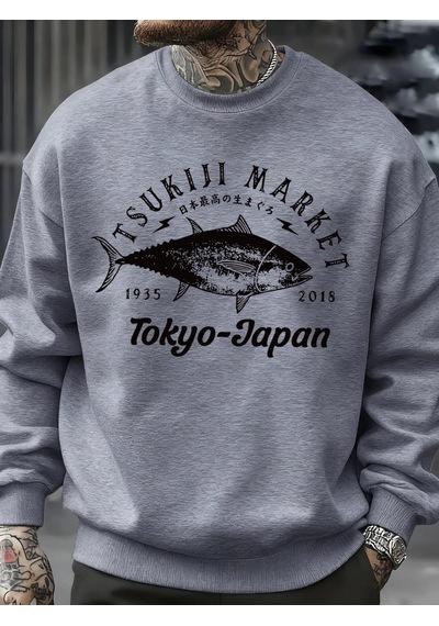 Startmore Tarzsokak Tsukiji Market Tokyo-japonya Baskı Kazak Erkek Modası Rahat Kazaklar Sonbahar Günlük Spor Giy Gri
