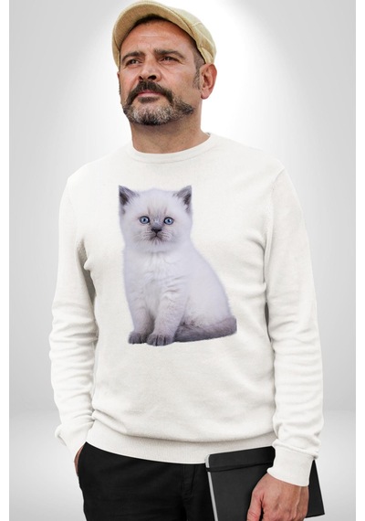 Beyaz Yavru Kedi Unisex Beyaz Sweatshirt Beyaz
