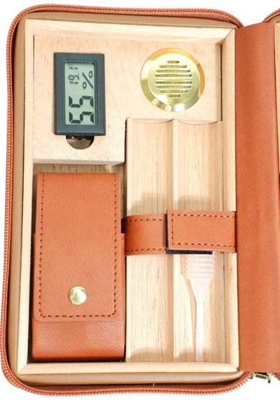 Cohiba Dahili Çakmak Açık Kahverengi Deri Puro Taşıma Çantası & Seyahat Humidoru