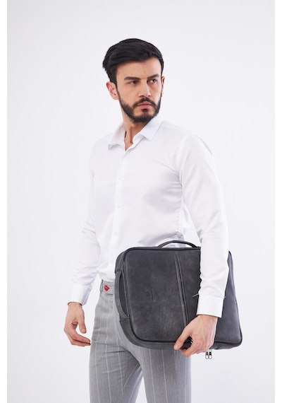 Derinss Dub3050 Hakiki Deri Gri Gölge Organizerli Laptop Sırt Çantası 001