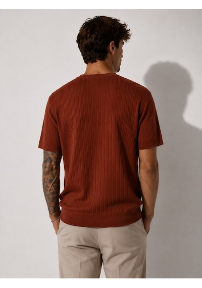 Ribana Erkek Kısa Kollu Fitilli Bisiklet Yaka Esnek T-shirt 26113 Kiremit