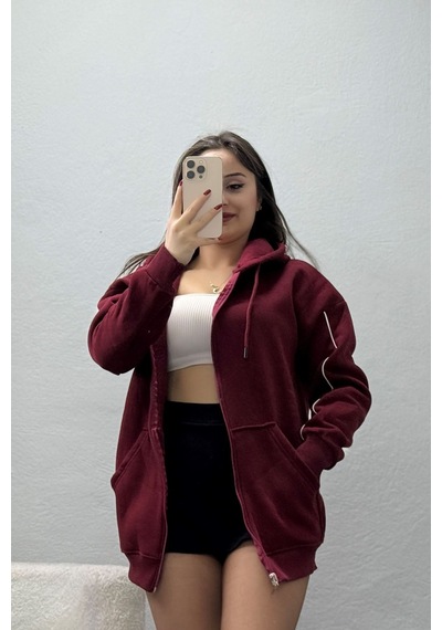Belendir Kadın 3 İplik Oversize Biyeli Sweat Bordo Beyaz - Bordo