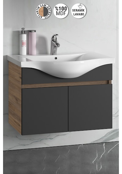80 Cm Atlantik Çam-Antrasit Gri Mat Mdf Lavabolu Banyo Alt Dolabı Antrasit - Atlantik Çam