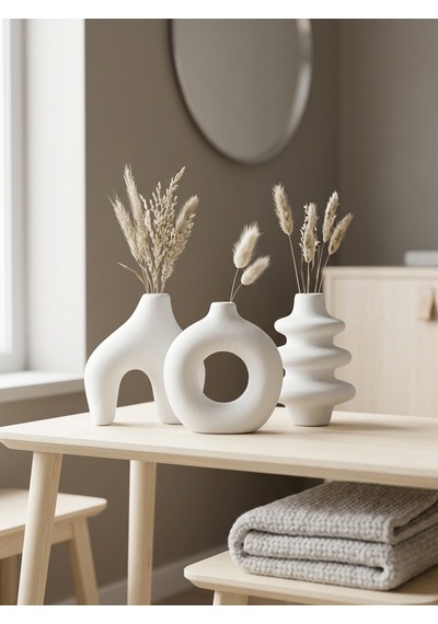 Kaveld Trio Forma El Yapımı 3'lü Dekoratif Vazo Seti, Kemer + Yığma Halka + Donut Form Mermer Tozu & Beton Minimalist Kuru Çiçek Vazosu Beyaz Kaveld Trio Forma El Yapımı 3'lü Dekoratif Vazo Seti, Kemer + Yığma Halka + Donut Form Mermer Tozu & Beton Minimalist Kuru Çiçek Vazosu Beyaz