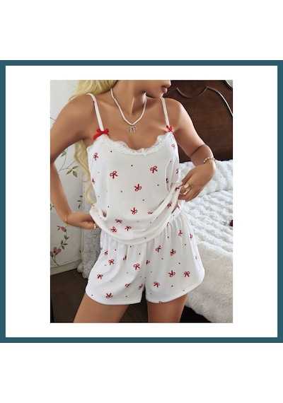 Bezos Kadın Ekru İnce Askılı Şortlu Pijama Takımı 5244 Ob