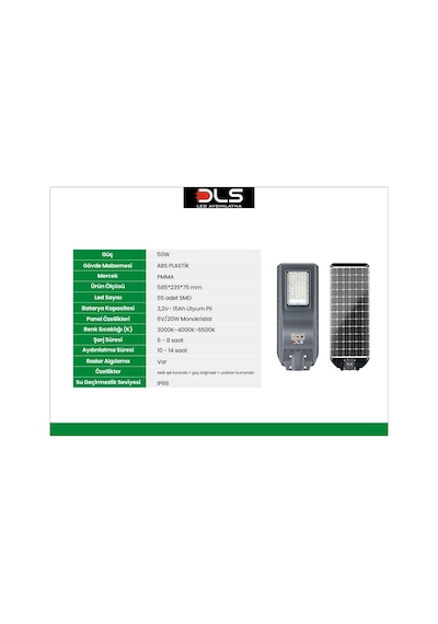 Dls 50w Profesyonel Solar Sokak Armatürü Tüm Gece Aydınlatma Güneş Enerjili Slr-102-50-01