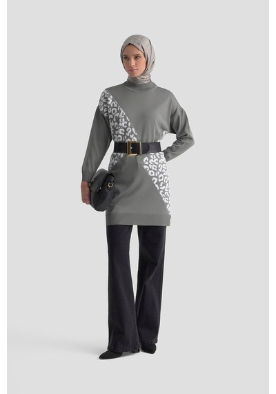 Armine Trend Leopar Desenli Triko Tunik Gri 25ytd4109 Gri