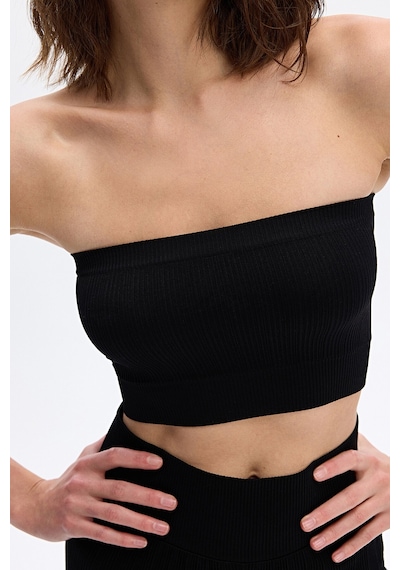 SubTone Dikişsiz Rib Dokulu Straplez Crop Top Siyah