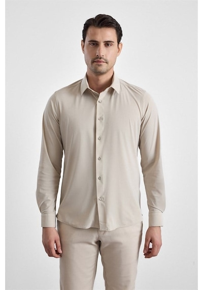 Süvari Ekru Slim Klasik Yaka Düz Casual Gömlek Gm1008400364-bj1