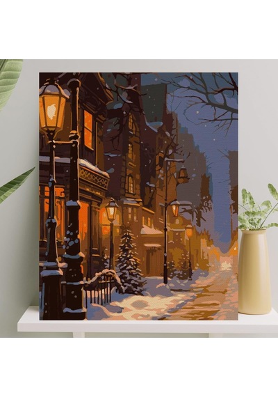 Sayılarla Boyama Tuval Seti Fırça Boya Dahil Çıtalı 40x50 Cm - Karlı Cadde Çok Renkli