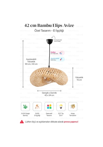 Bambu Elips Sarkıt Avize Lamba 42cm - Iskandinav, Modern, Bohem, Rattan Aydınlatma Bej