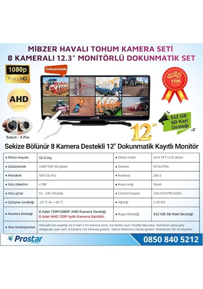 12.3 İnç Dokunmatik 8 Kameralı Mibzer Tohum Seti Ahd Işıklı Kameralı Tak Kullan Set
