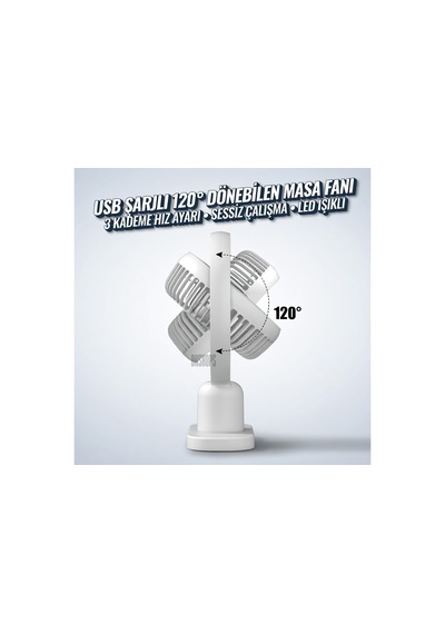 Usb Şarjlı Lambalı Masaüstü Mini Fan 3 Kademeli Hız Ayarlı 180 Derece Vantilatör