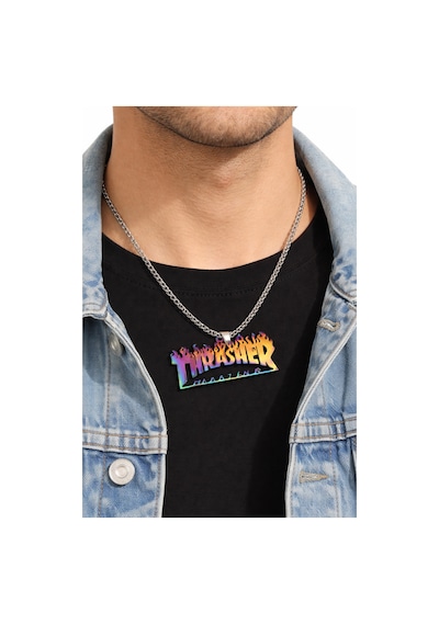 Unisex Paslanmaz Çelik Thrasher Yazılı Renkli Alev Desenli Kolye Altın - Gümüş