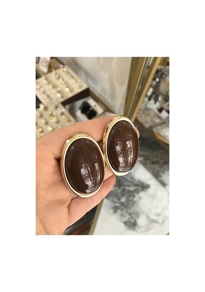 Oval Düğme Model Kahverengi Küpe