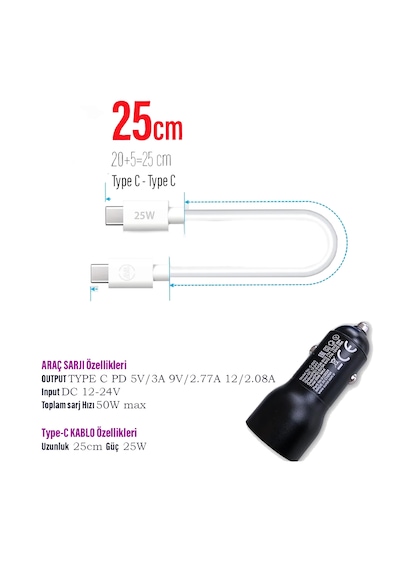 Hızlı Araç Şarj Aleti - Araba Şarjı Cihazı Ve 25cm Kablo