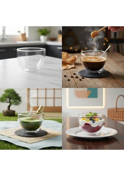 1 Adet Çift Cidarlı Borosilikat Cam Kase 250 Ml - Isı Yalıtımlı, El Yakmayan Şeffaf Servis Kasesi 9x7.5 Cm Tatlı, Yoğurt, Çorba Kasesi Açık Bej