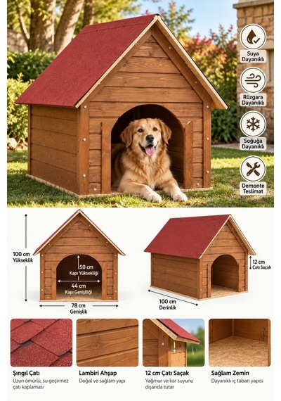 Reyo Büyük Boy Köpek Kulübesi, Lambiri Ahşap Şıngıl Kırmızı Çatılı Soğuk ve Rüzgara Dayanıklı Köpek Evi Demonte 100 x 100 x 78 CM