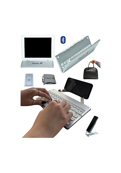 TECH-X Katlanabilir Win/Apple Uyumlu iOS/Android Bluetooth Klavye Telefon Tutucu + Özel Kılıf