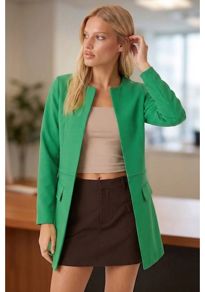 Armonika Kadın Yeşil Beli Dikişli Uzun Ceket Arm-26k001017