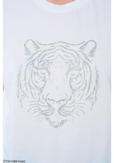 Kadın Krem Kaplan Baskılı %100 Pamuk T-Shirt