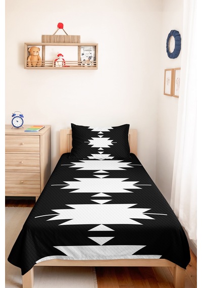 Siyah Geometrik Genç Odası Tek Kişilik Pike Takımı - Modern Etnik 160x220 Cm Kapitone Yatak Örtüsü Pembe