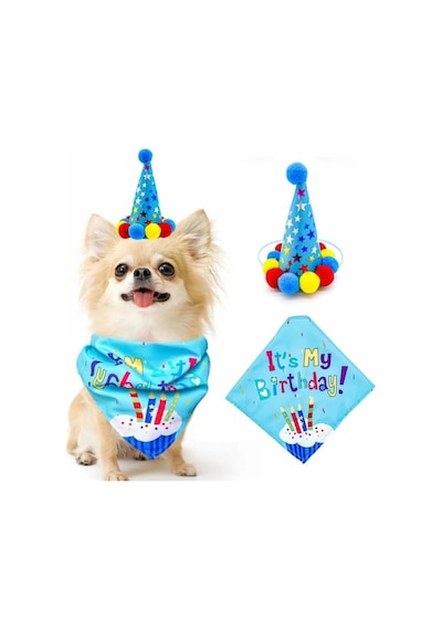 2 Adet Köpek Doğum Günü Parti Seti Mavi Balonlu Bandana