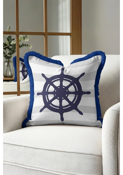 Nautical Marin Saçaklı Yastık Kılıfı - Denizci Stil Lacivert Beyaz Marin Püsküllü Kırlent Kılıfı Çok Renkli