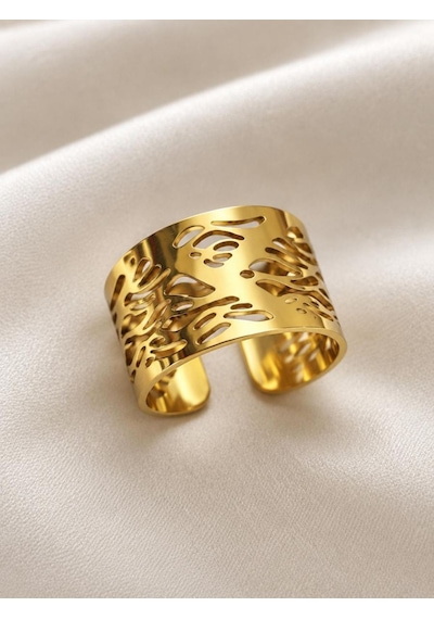 Ajur Desenli Geniş Form Gold Renk Çelik Ayarlanabilir Yüzük Altın