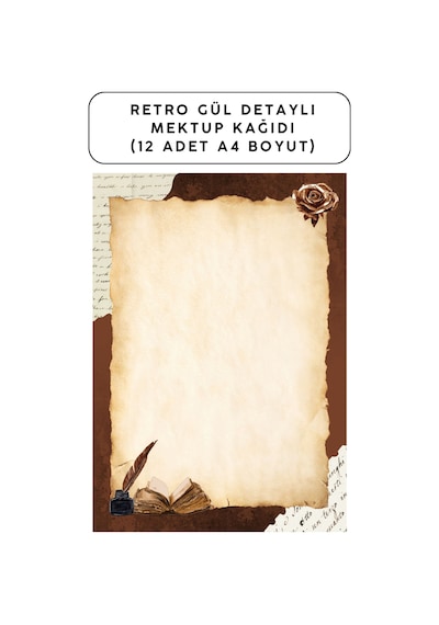 Retro Gül Detaylı Mektup Kağıdı 12 Adet A4 Boyut