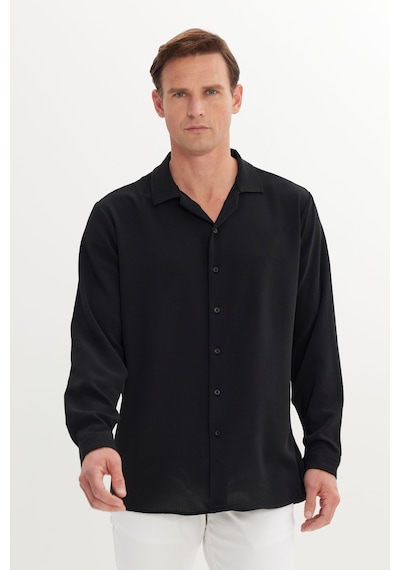 AC&Co / Altınyıldız Classics Erkek Sıyah Comfort Fit Rahat Kesim Hawai Yaka Jakarlı Gömlek Siyah