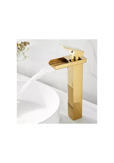 Rena Design Mat Gold Köşeli Gövde Çanak Lavabo Bataryası Havza Model Uzun Altın Lavabo Musluğu Çift Girişarmatür Mat Altın Gold