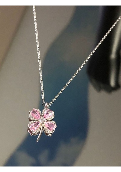 Vog Pembe Damla Taşlı 4 Yapraklı Yonca 925 Ayar Gümüş Sevgiliye,anneye,eşe,arkadaşa Kolye