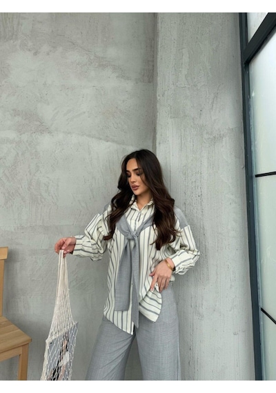Kadın Sofya Keten 2 Li Alt Üst Takım Gri