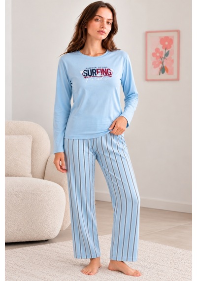 Nisanca Kadın Premium Modal Penye Pijama Takımı %100 Pamuk Soft Yumuşak Dokulu Uzun Kollu Baskılı Desenli Alt Üst 2'li mavi