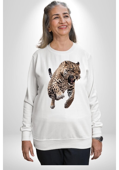 Jaguar Sırtından Çıkan Unisex Beyaz Sweatshirt Beyaz