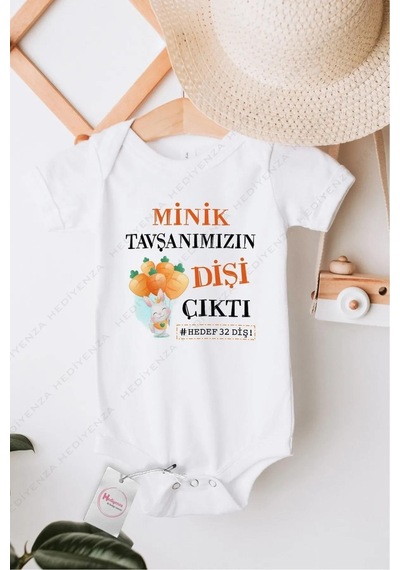 Hediyenza Minik Tavşanımızın Dişi Çıktı Özel Tasarım Bebek Zıbın Pamuklu Çıtçıtlı Body Beyaz