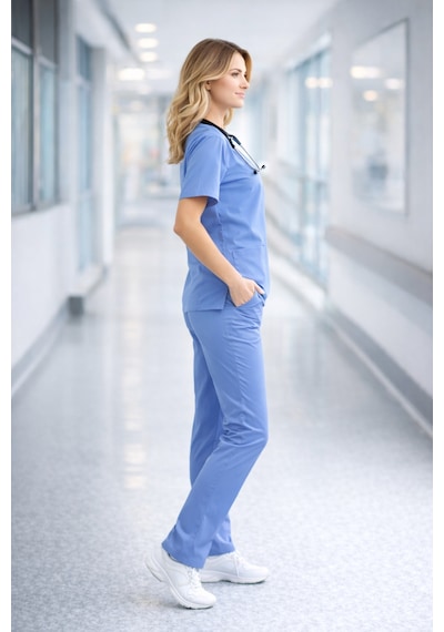 Likralı Hemşire Doktor Forması Premium Belinda Soft Kumaş Scrubs Hastane Üniforması Cerrahi Takım Mavi