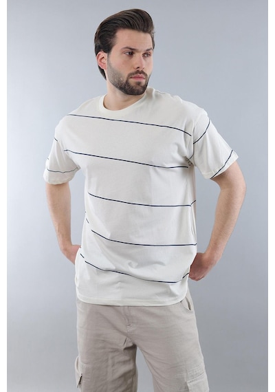 Madmext Ekru Bisiklet Yaka Basic Çizgili Erkek T-shirt E7102 Ekru