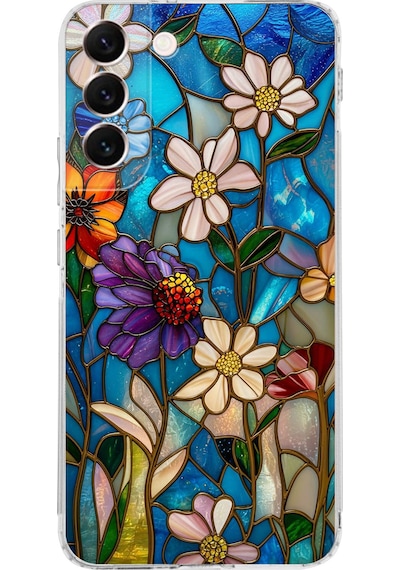 Printify Samsung Galaxy S22 Plus İle Uyumlu Vitray Mavi Bahar Tasarımlı Şeffaf Silikon Kılıf Şeffaf