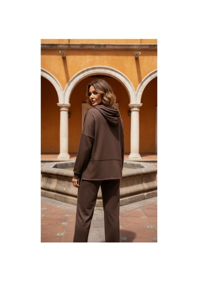 Moda Banuş Kapüşonlu Modal Kumaş Boru Paça Kahverengi Oversize Eşofman Takımı