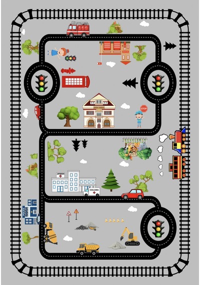 Dijital Baskılı Dekoratif Kaymaz Taban Yıkanabilir Trafik Yolu Temalı Modern Çocuk Halısı Gri