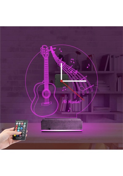 Luvivia Gitar Müzik Nota Kişiye Özel Saatli 3d Lamba - Masa Gece Lambası Şeffaf