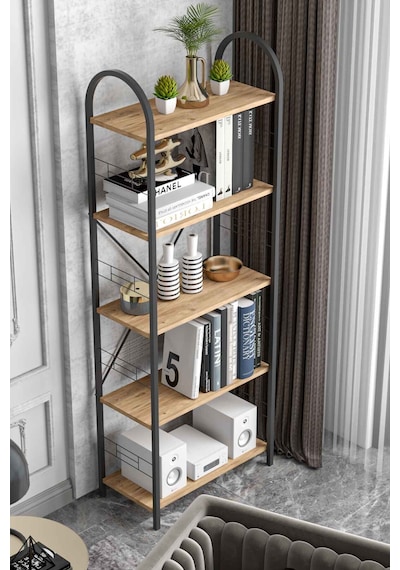 Reyo Falez 5 Geniş Raflı Kitaplık Metal Çerçeveli Modern Raf Çalışma Odası Ofis Salon Kitaplığı Evrak Rafı 180 Cm Atlantik Çam Beyaz