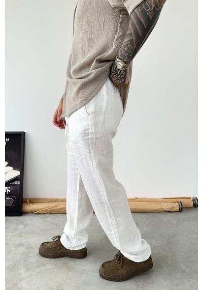 Beyaz Basic Baggy Keten Pantolon