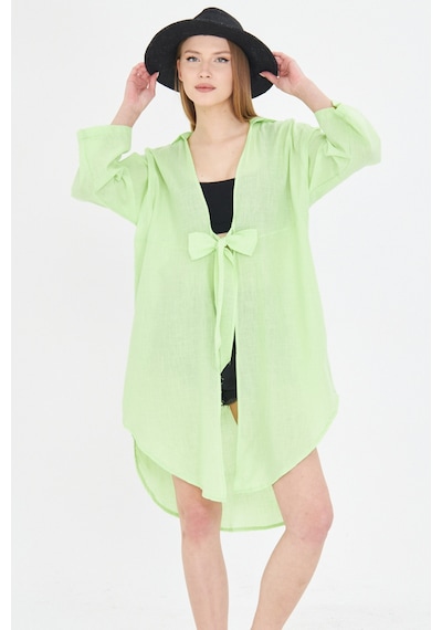 Armonika Kadın Neon Yeşil Önden Bağlamalı İnce Keten Kumaş Midi Boy Kimono Gömlek Arm-24y001081