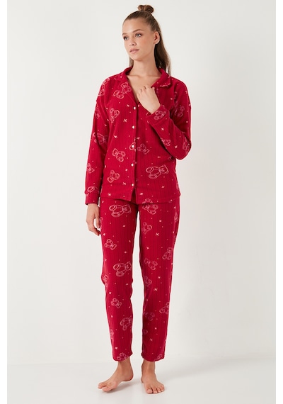 Lela Standart Fit Düğmeli Polarlı Bayan Pijama Takımı 6095616 Kırmızı