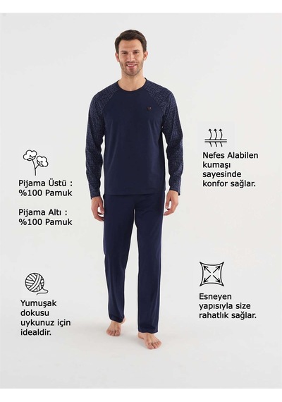 Mod Collection MOD COLLECTION Erkek Lacivert Yuvarlak Yaka Pijama Takım-4715 Çok Renkli