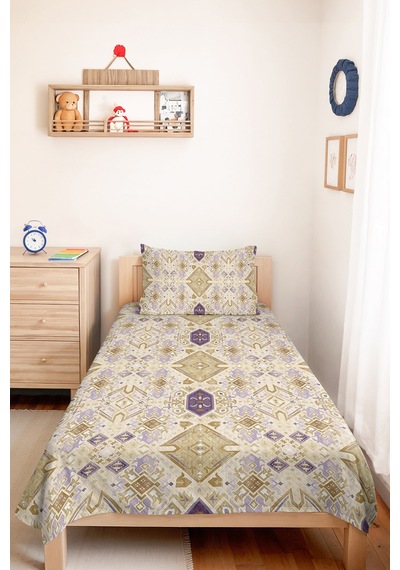 Geometrik Bohem Bej Genç Odası Tek Kişilik Pike Takımı - Lila Etnik 160x220 Cm Kapitone Yatak Örtüsü Naif Koru Işıltısı